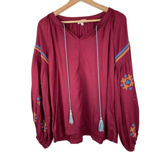 Hayden Los Angeles Women's M Burgundy Embroidered Tassel Tie Boho Blouse - Picture 1 of 6